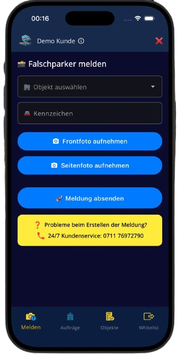 Falschparker melden auf privatem Parkplatz mit ParkGuard24